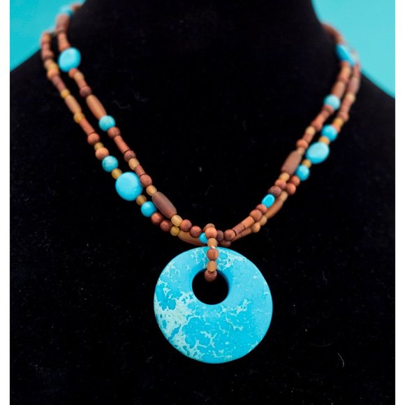 Vintage Turquoise Wood Pendant Necklace 18 Inches E15 - Picture 2 of 4